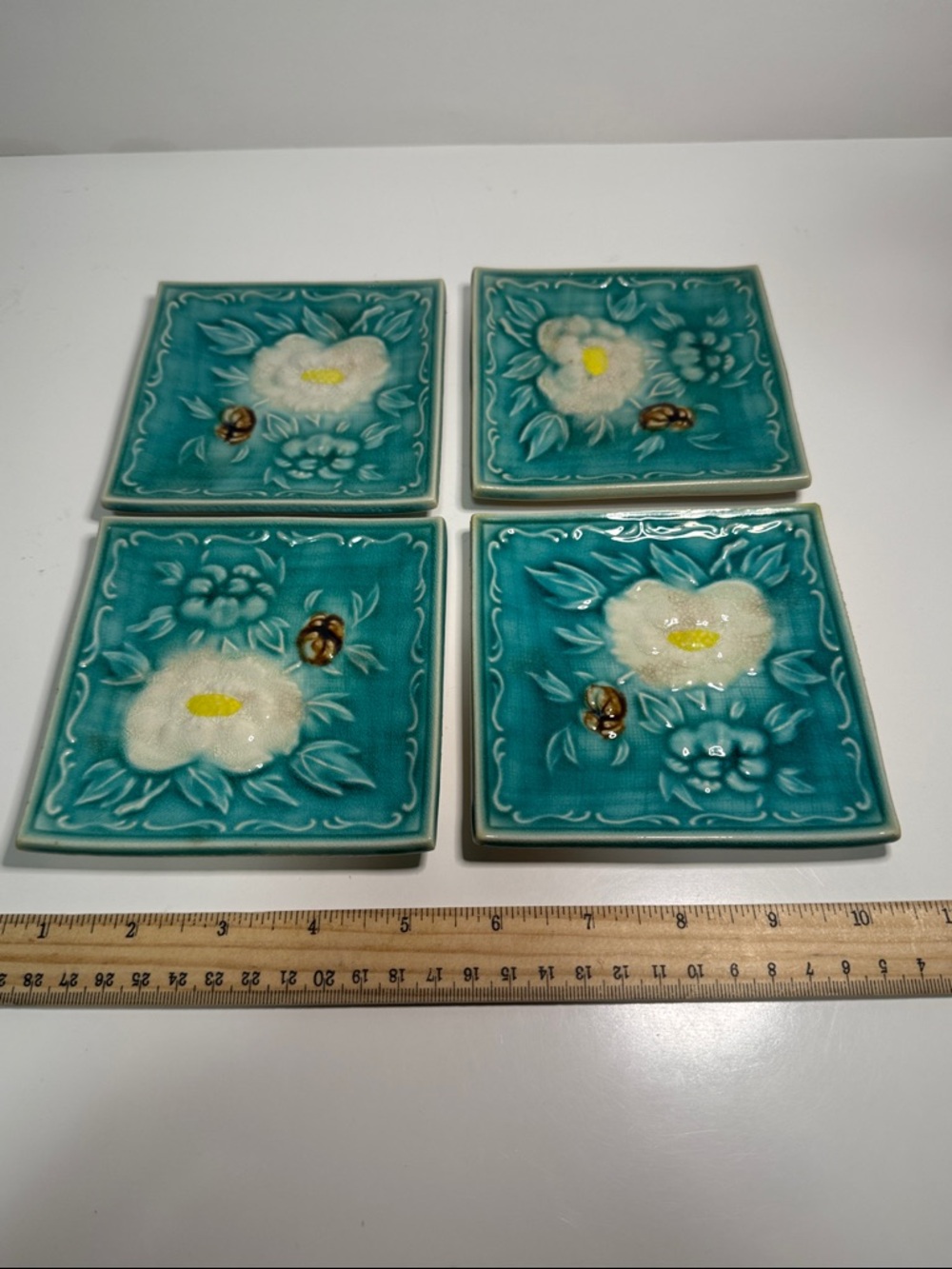 Vintage Japanese hand painted Set of 4 Floral Ceramic Coasters in Teal White